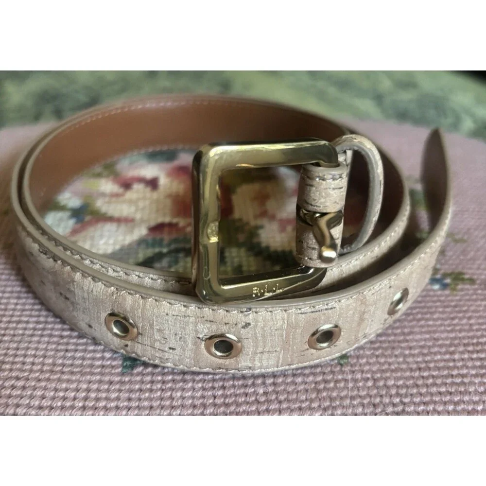 Vtg y2k Ralph Lauren Natural Cork Belt Gold LRL Engraved Logo Metal Buckle Sz S